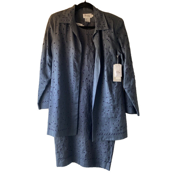 JSong Skirt Suit Womens Size 6 100% Linen Floral Eyelet Lace Gray Vintage Career - Picture 5 of 13